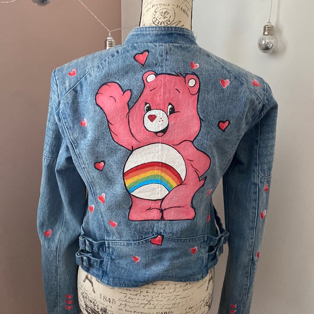 Vintage Care Bear Hand Painted Denim Woman Jacket Size S